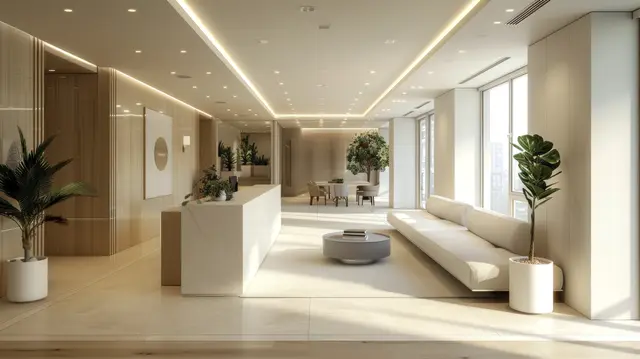 Sala de espera em tons claros, com sofá e plantas.